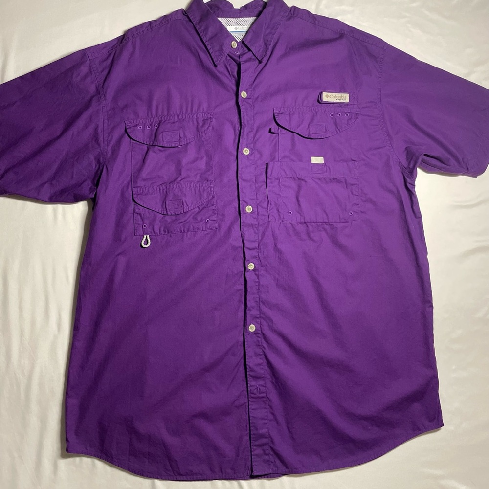 Mens Purple Columbia Sportswear PFG Fishing Shirt Button up Short Sleeve Size L